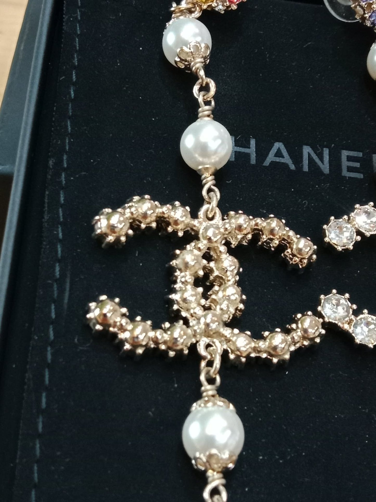 Chanel Rainbow Crystal CC Drop Earrings