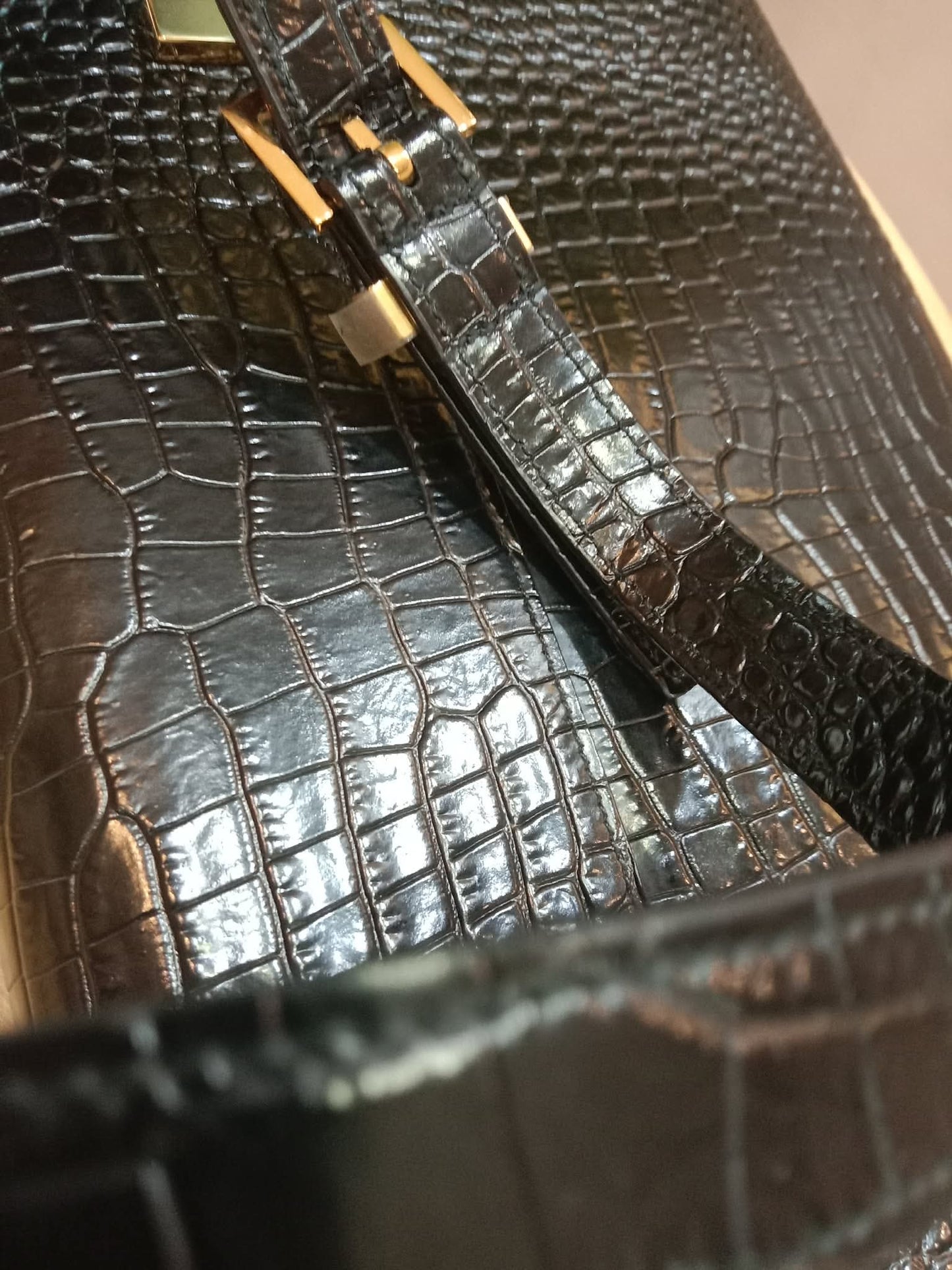 Saint Laurent Manhattan Crocodile Embossed Leather Black