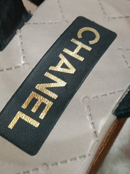 Chanel Wedge Sandals Black Canvas Embroidered Interlocking CC Logo Size 36