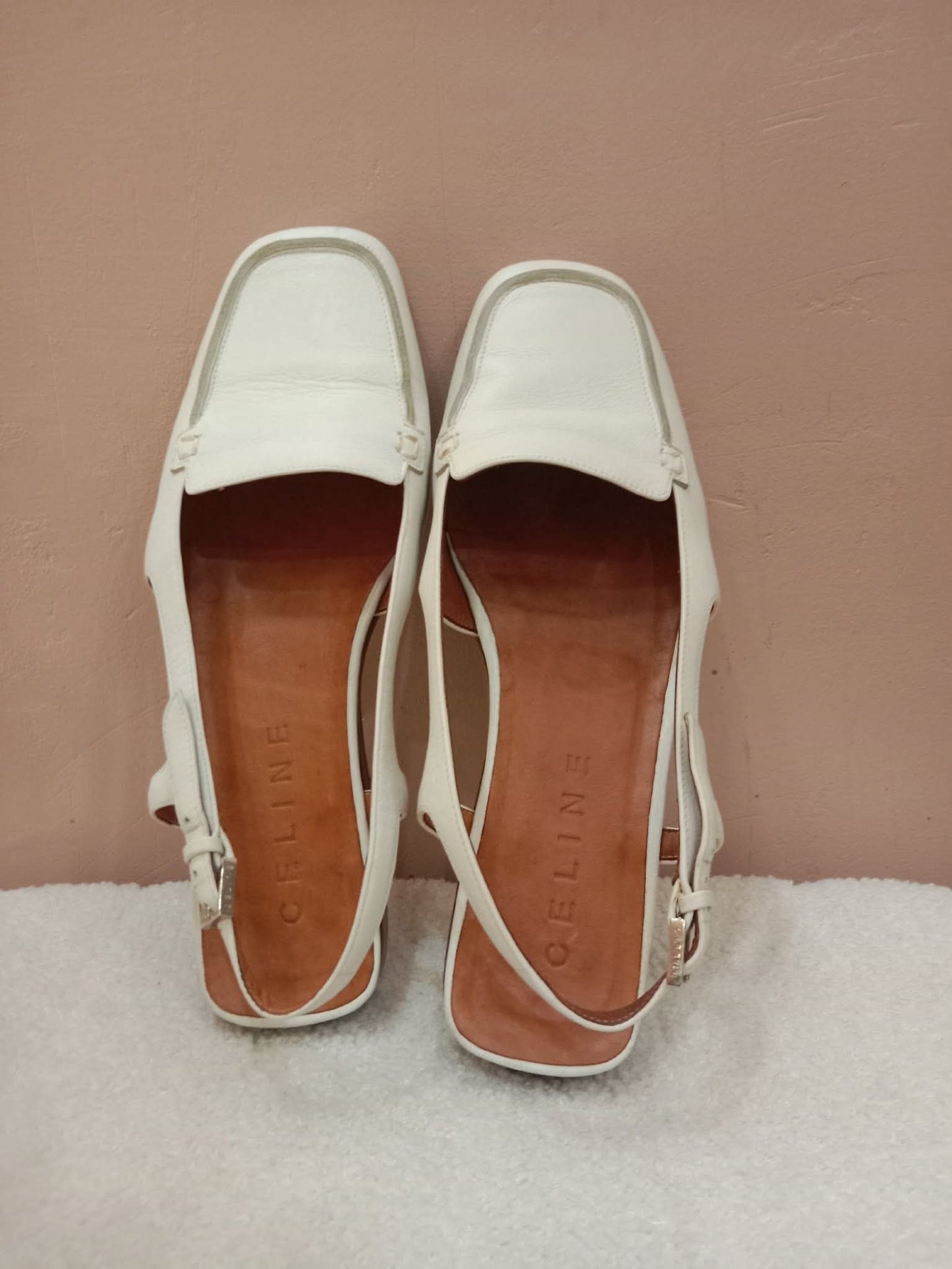 Celine Leather Slingback Loafers Classic Square-Toe Design White Size 37.5