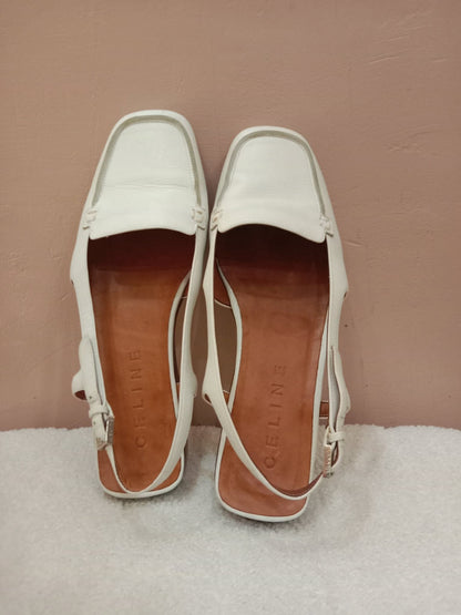 Celine Leather Slingback Loafers Classic Square-Toe Design White Size 37.5