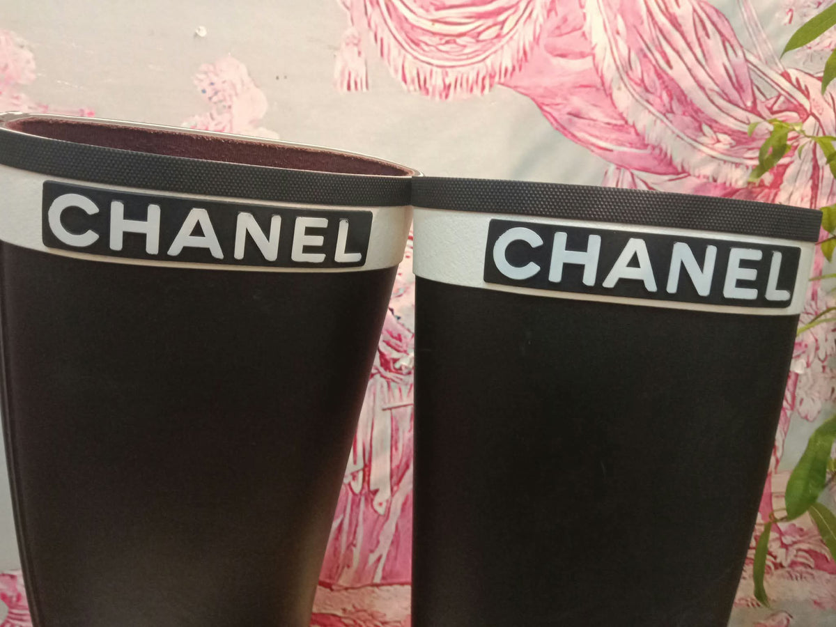 Chanel Black and White Rubber Rain Boots Size 38