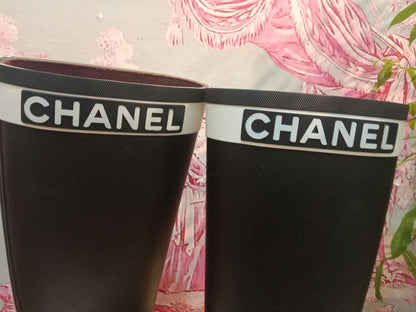 Chanel Black and White Rubber Rain Boots Size 38