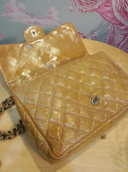 Chanel Quilted Classic Crumpled Patent Jumbo Single Flap Caramel Series 12