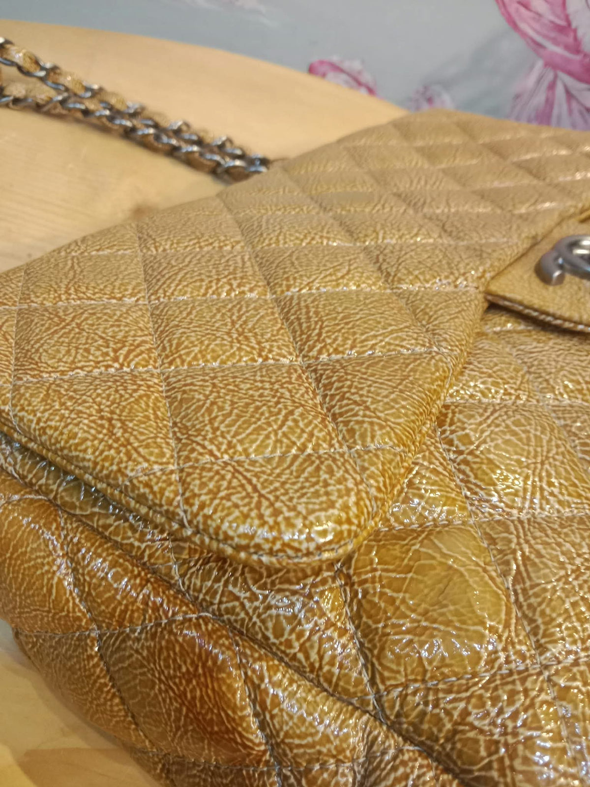 Chanel Quilted Classic Crumpled Patent Jumbo Single Flap Caramel Series 12