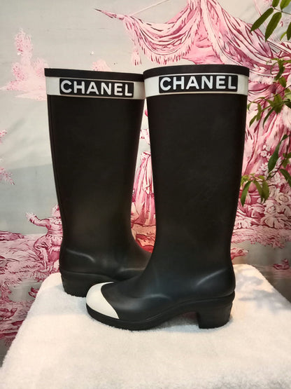 Chanel Black and White Rubber Rain Boots Size 38