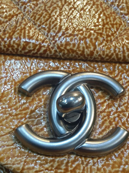 Chanel Quilted Classic Crumpled Patent Jumbo Single Flap Caramel Series 12