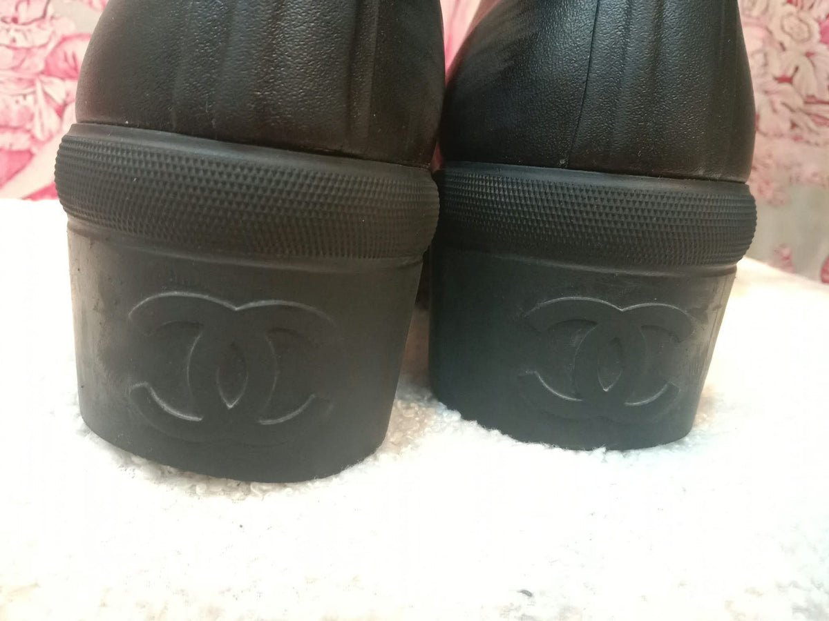 Chanel Black and White Rubber Rain Boots Size 38