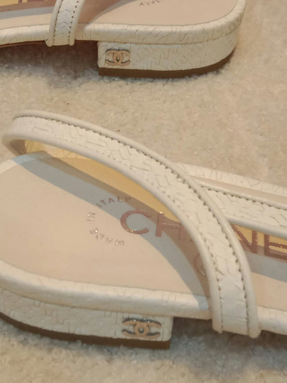 Chanel White and Beige Slingback Flat Shoes Size 36.5
