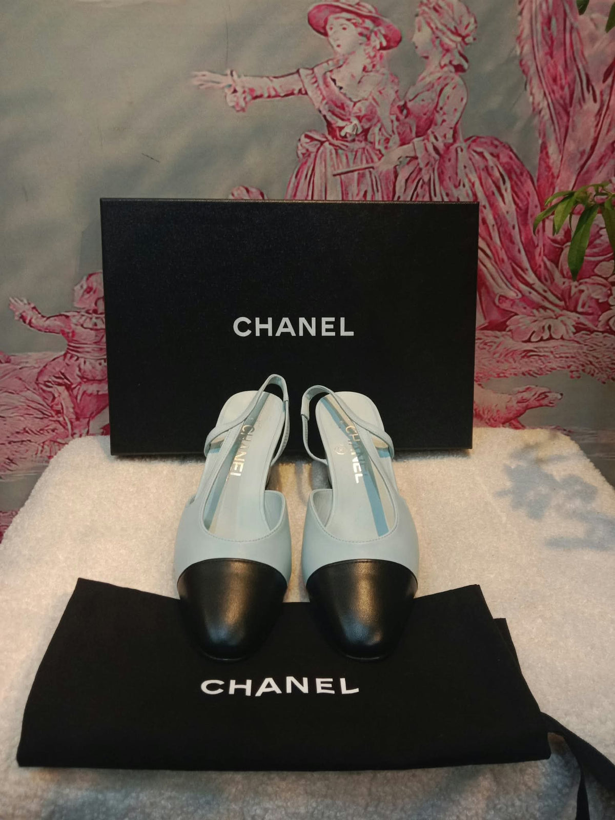 Chanel Cap-Toe Slingback Pumps Light Blue and Black Size 36.5
