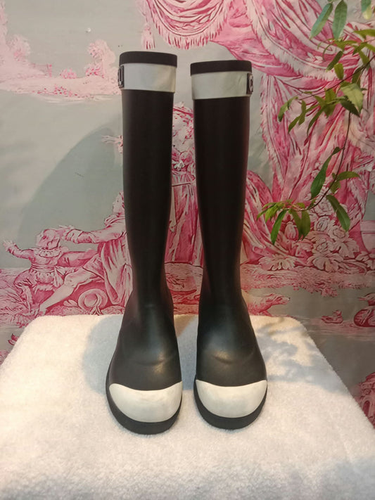 Chanel Black and White Rubber Rain Boots Size 38