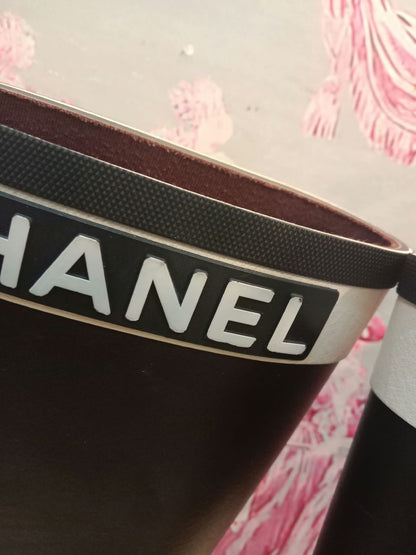 Chanel Black and White Rubber Rain Boots Size 38