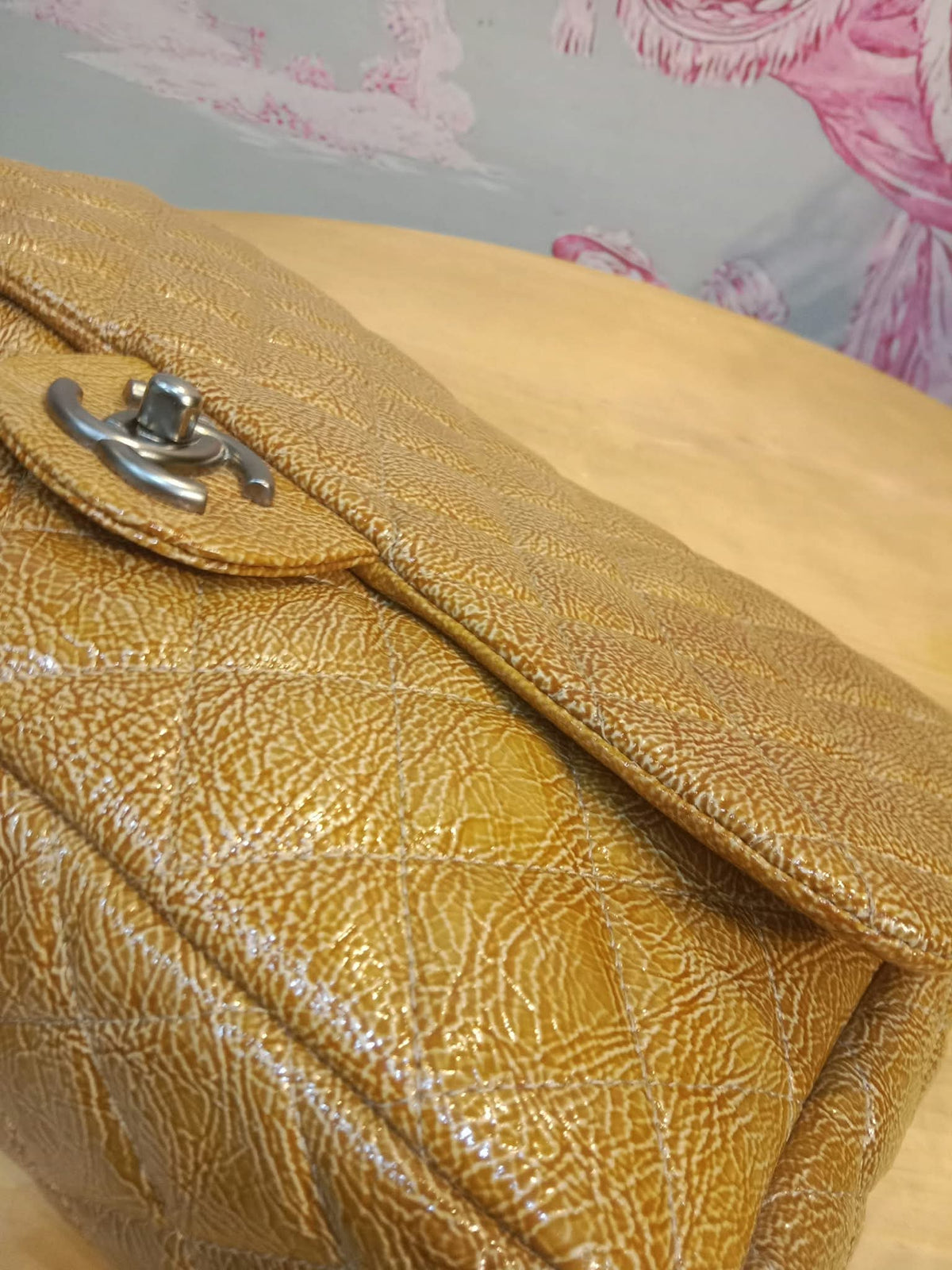 Chanel Quilted Classic Crumpled Patent Jumbo Single Flap Caramel Series 12