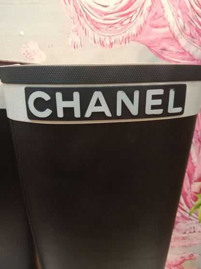 Chanel Black and White Rubber Rain Boots Size 38