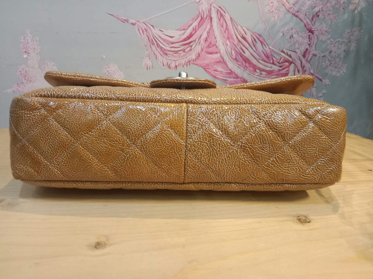 Chanel Quilted Classic Crumpled Patent Jumbo Single Flap Caramel Series 12