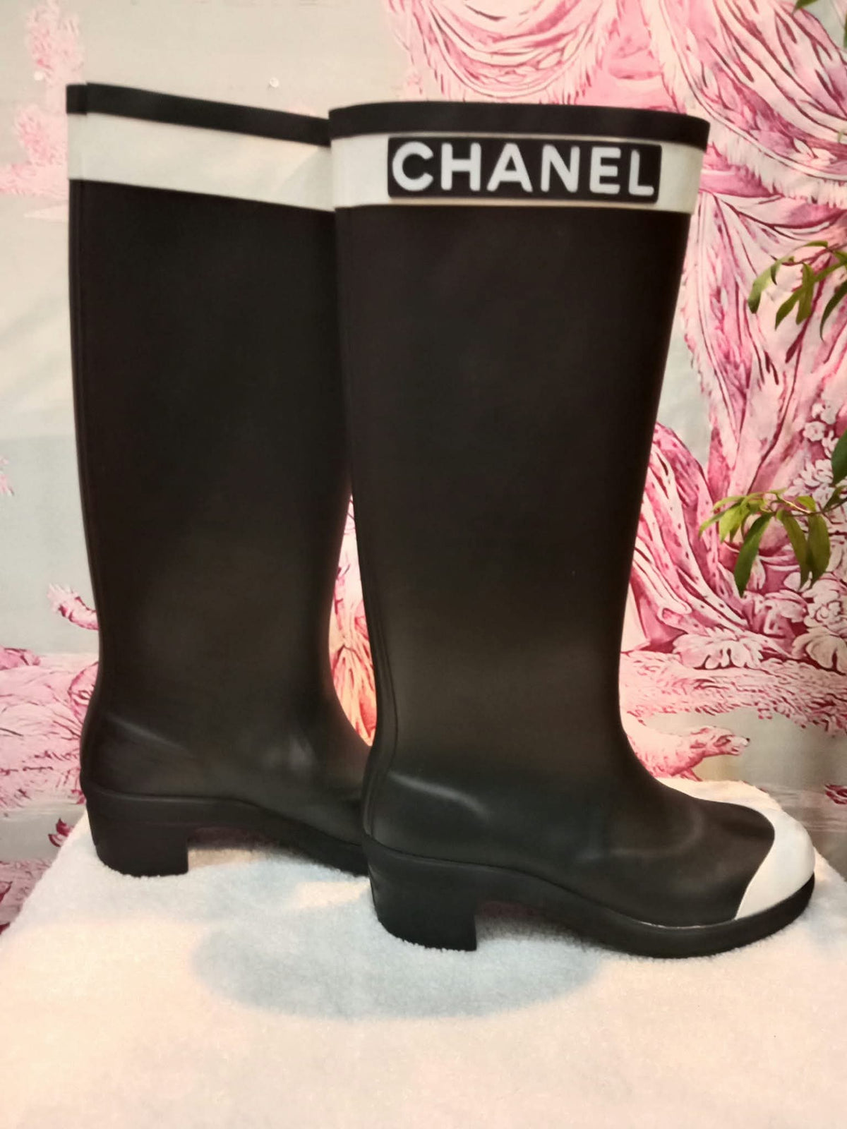 Chanel Black and White Rubber Rain Boots Size 38