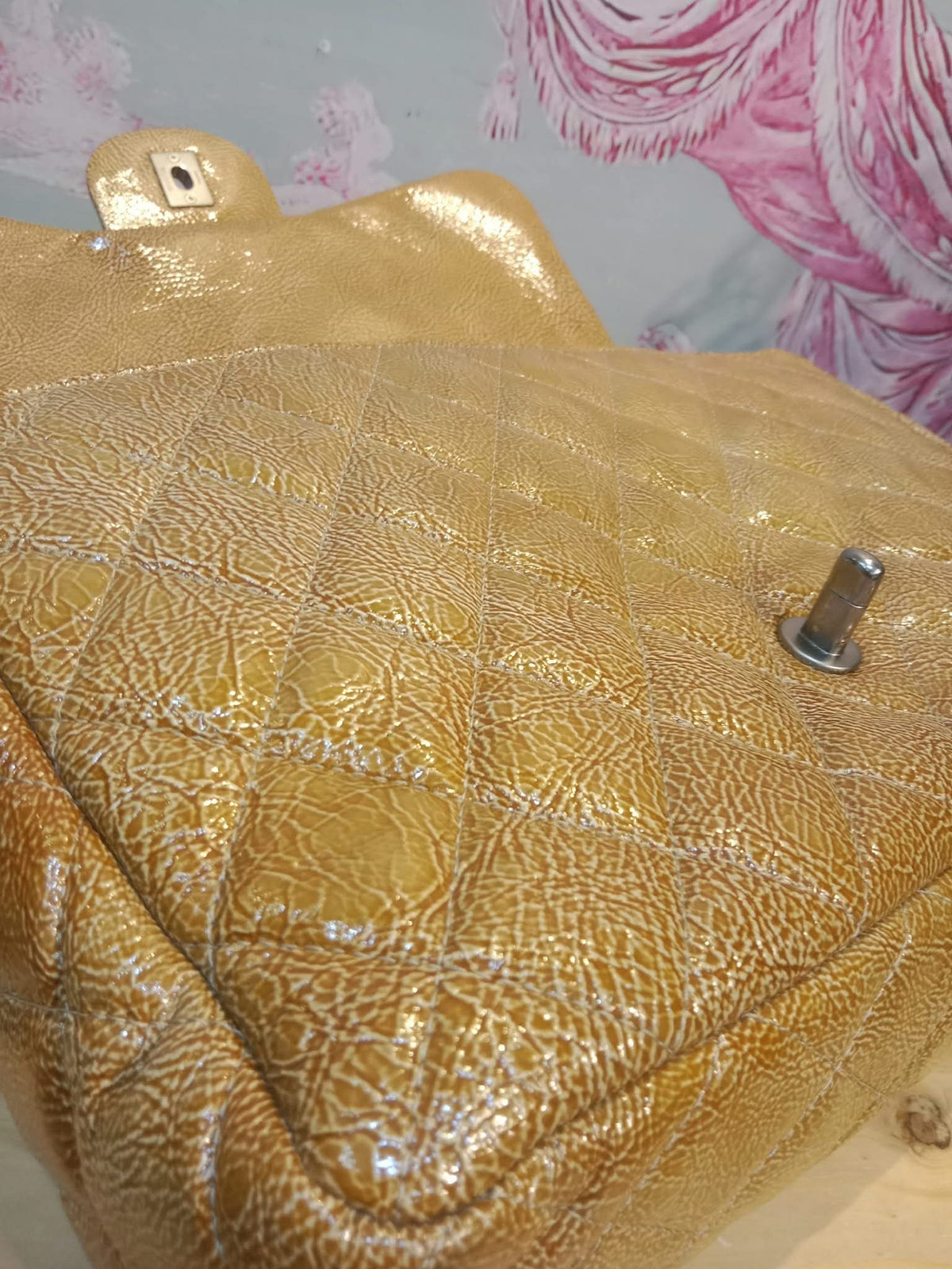 Chanel Quilted Classic Crumpled Patent Jumbo Single Flap Caramel Series 12