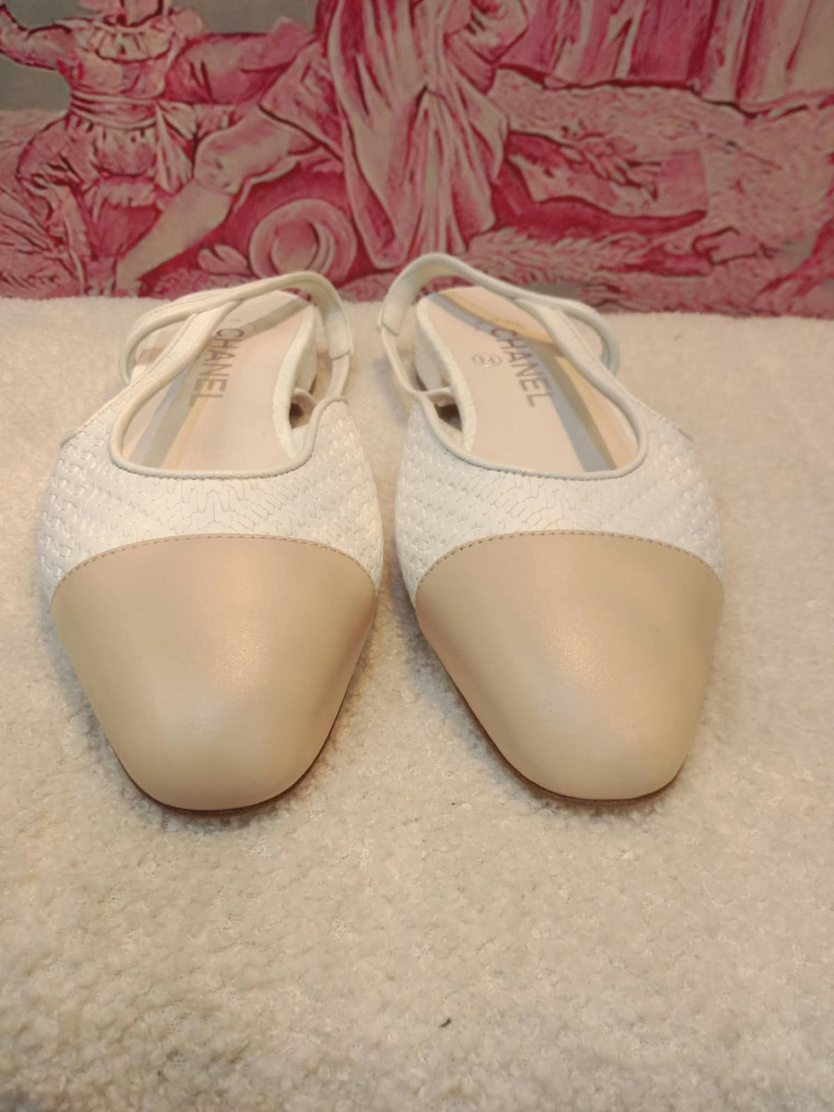 Chanel White and Beige Slingback Flat Shoes Size 36.5