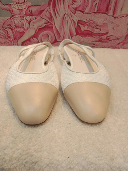 Chanel White and Beige Slingback Flat Shoes Size 36.5