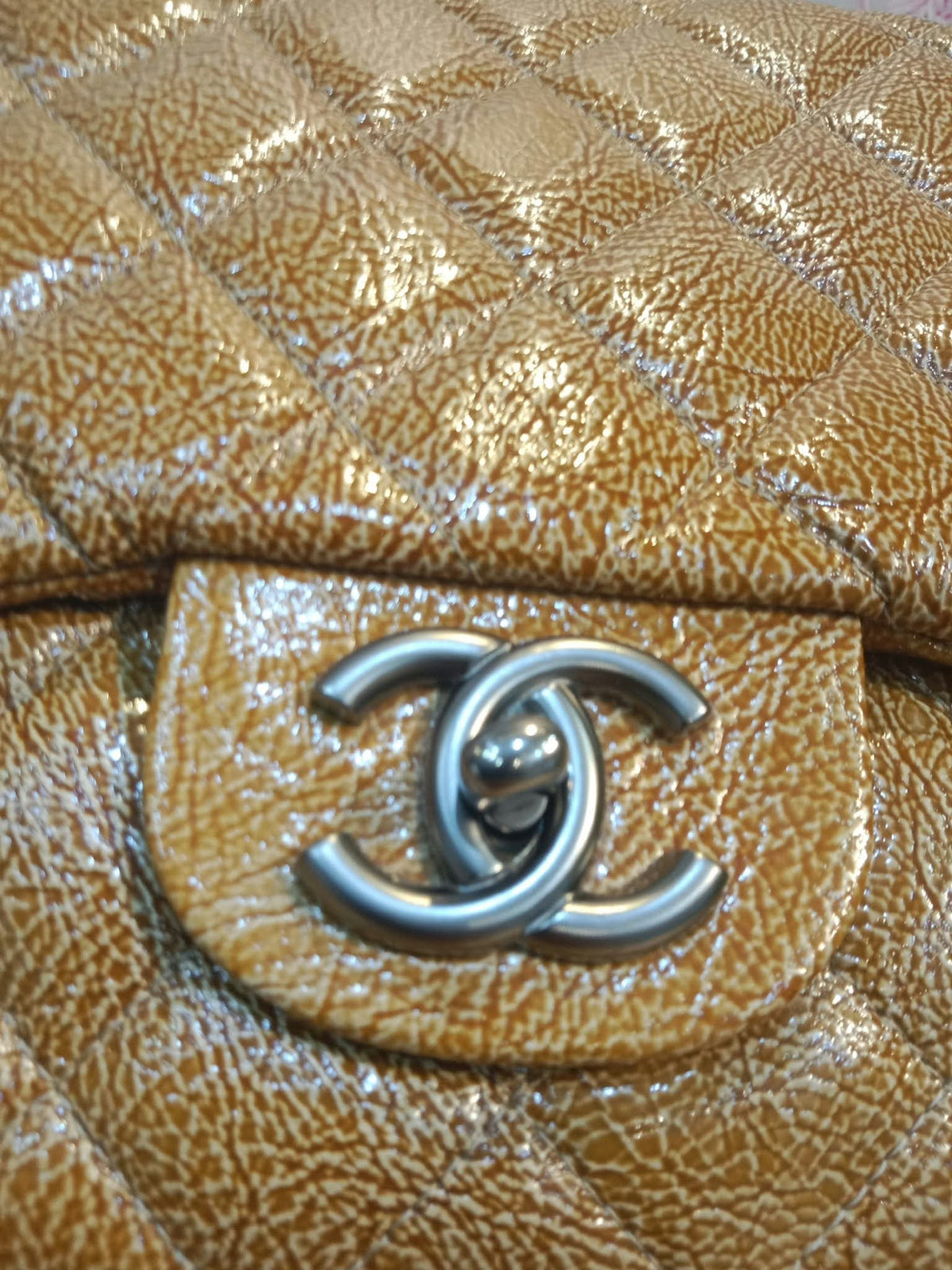 Chanel Quilted Classic Crumpled Patent Jumbo Single Flap Caramel Series 12
