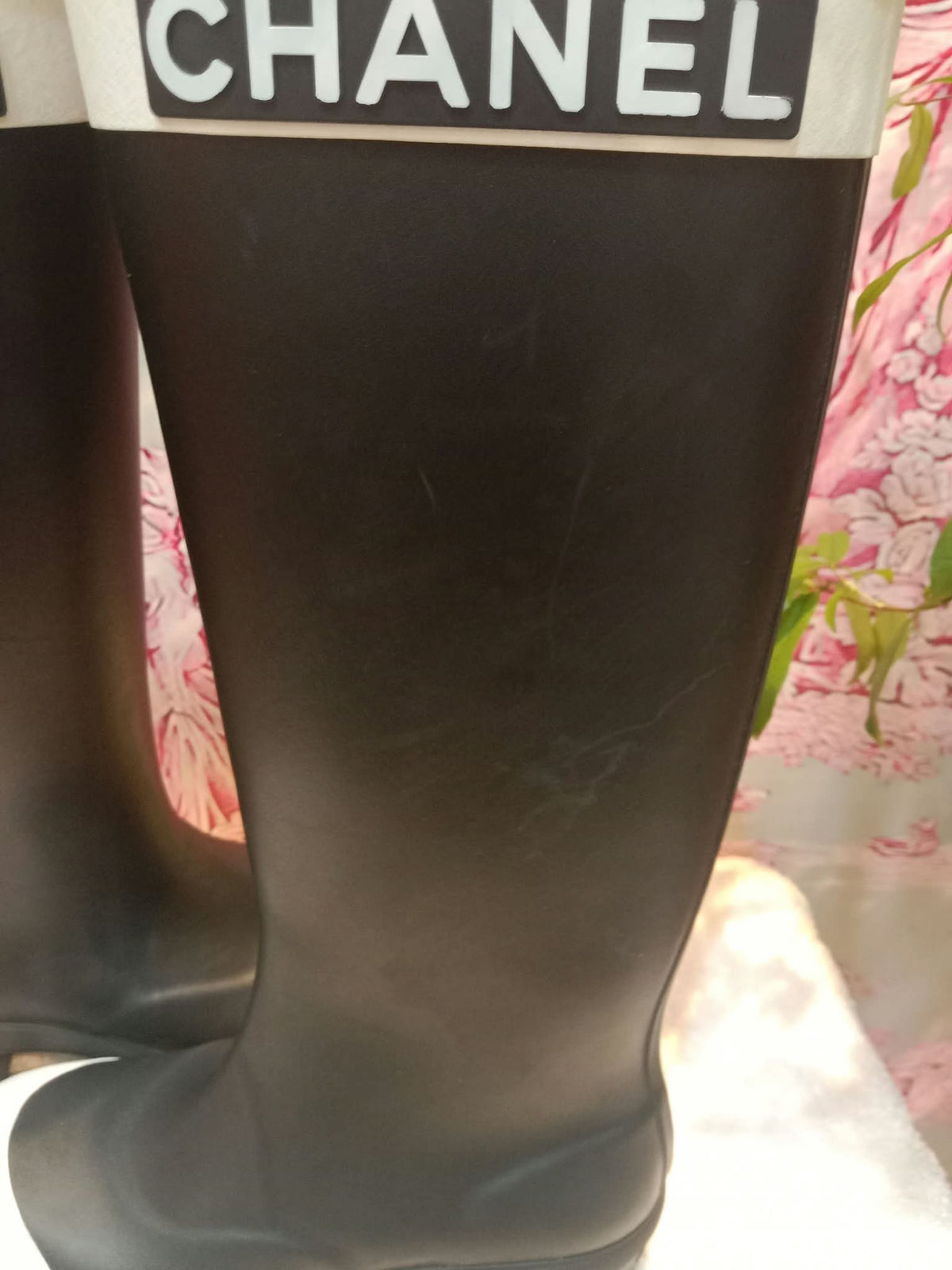 Chanel Black and White Rubber Rain Boots Size 38