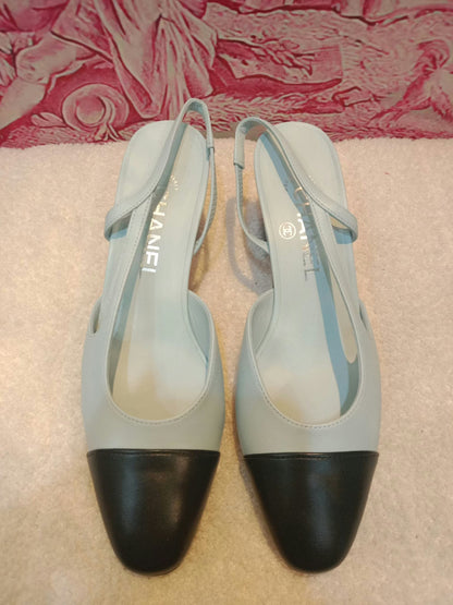 Chanel Cap-Toe Slingback Pumps Light Blue and Black Size 36.5