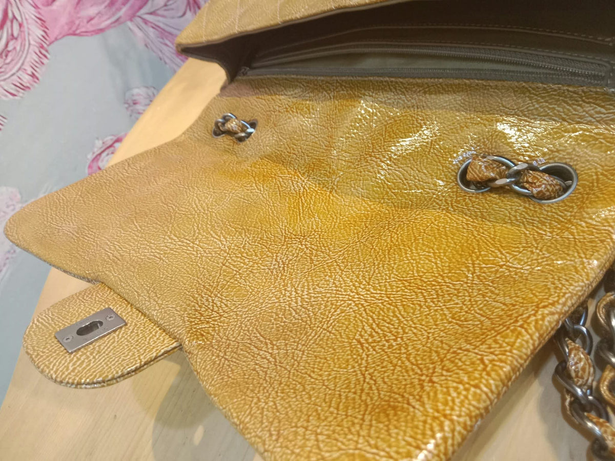 Chanel Quilted Classic Crumpled Patent Jumbo Single Flap Caramel Series 12
