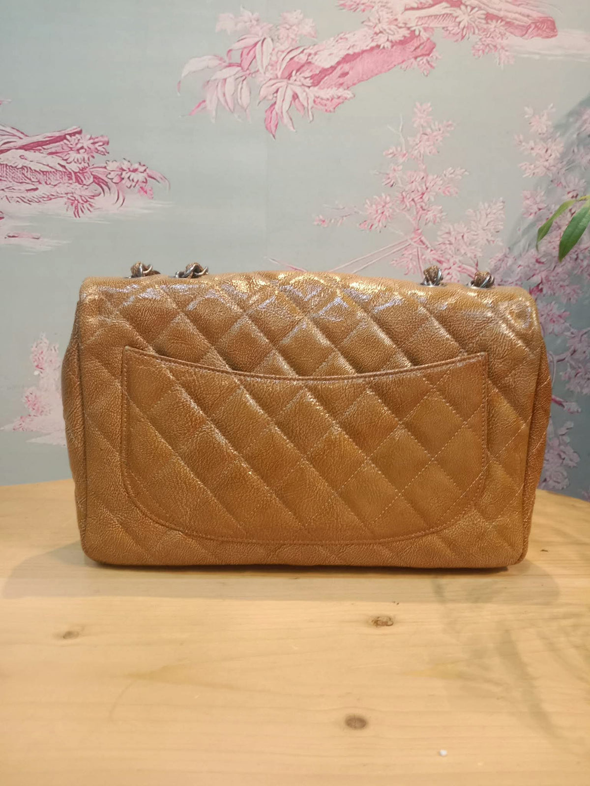 Chanel Quilted Classic Crumpled Patent Jumbo Single Flap Caramel Series 12