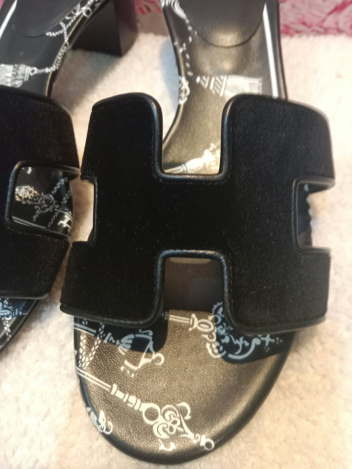 Hermes Oasis Slide Sandals Black Velvet Size 35