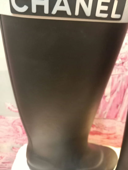 Chanel Black and White Rubber Rain Boots Size 38