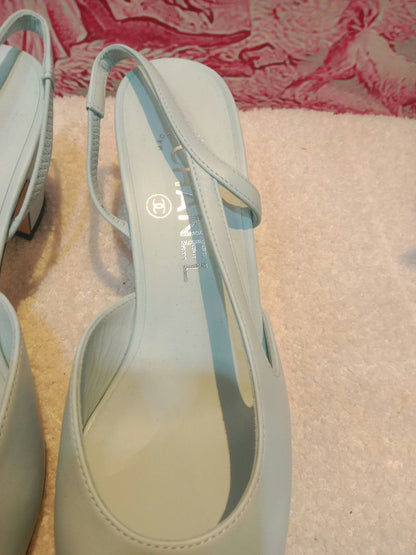 Chanel Cap-Toe Slingback Pumps Light Blue and Black Size 36.5