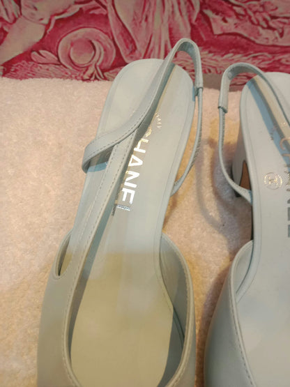 Chanel Cap-Toe Slingback Pumps Light Blue and Black Size 36.5