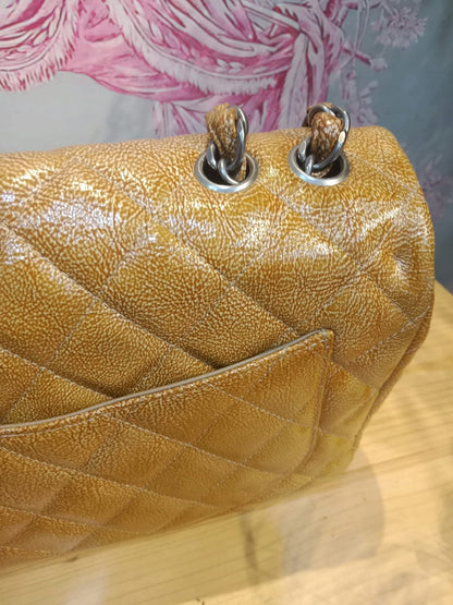 Chanel Quilted Classic Crumpled Patent Jumbo Single Flap Caramel Series 12