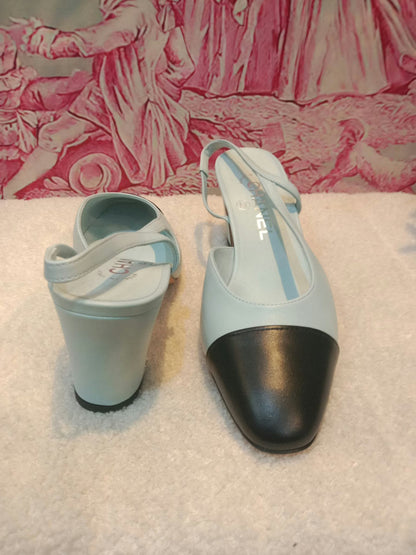 Chanel Cap-Toe Slingback Pumps Light Blue and Black Size 36.5