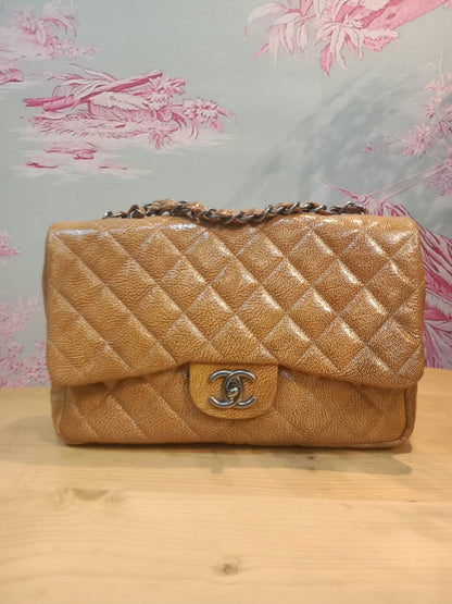 Chanel Quilted Classic Crumpled Patent Jumbo Single Flap Caramel Series 12