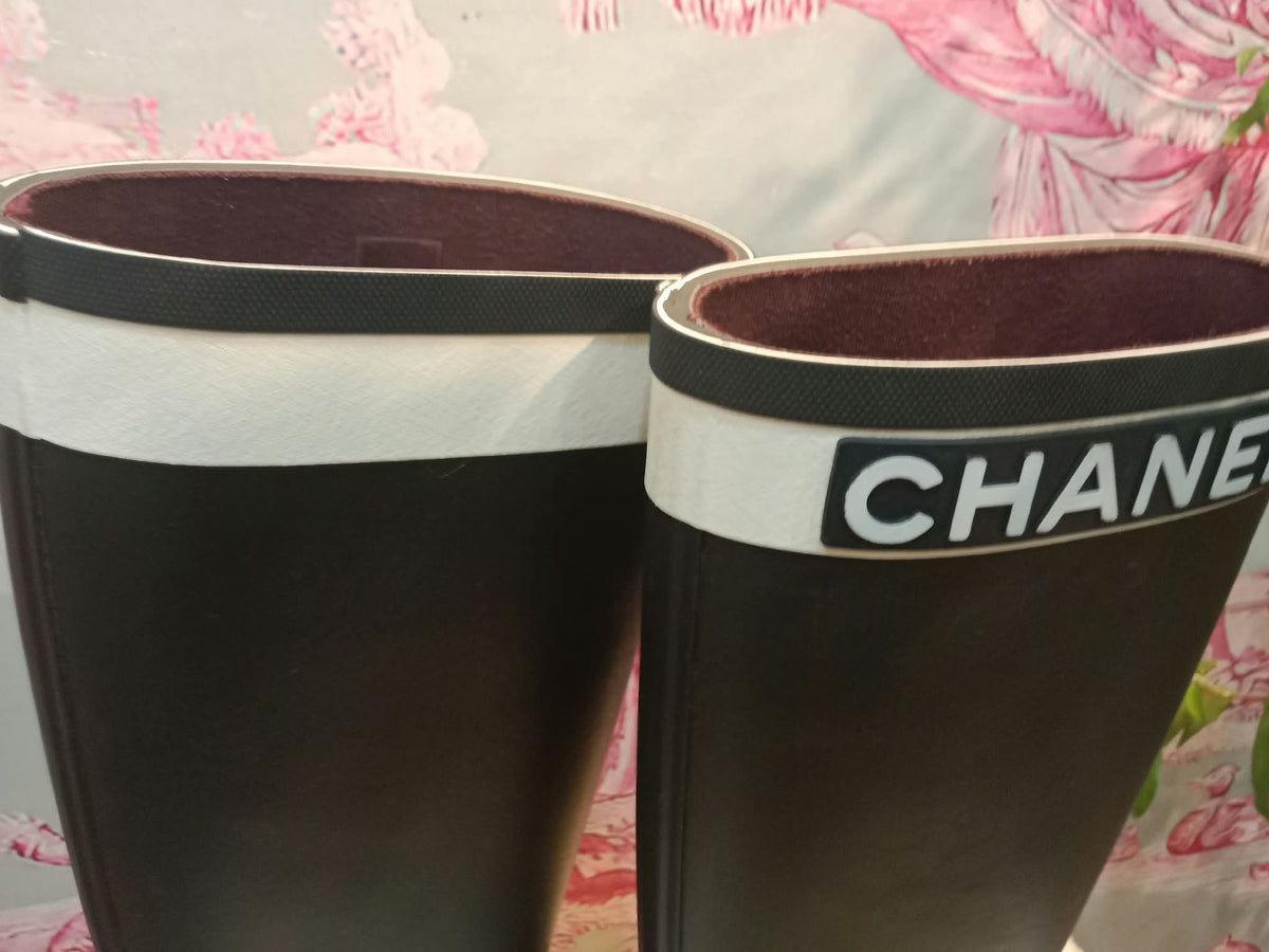 Chanel Black and White Rubber Rain Boots Size 38