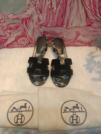 Hermes Oasis Slide Sandals Black Velvet Size 35