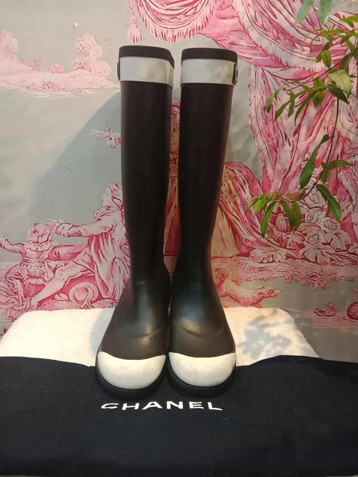 Chanel Black and White Rubber Rain Boots Size 38