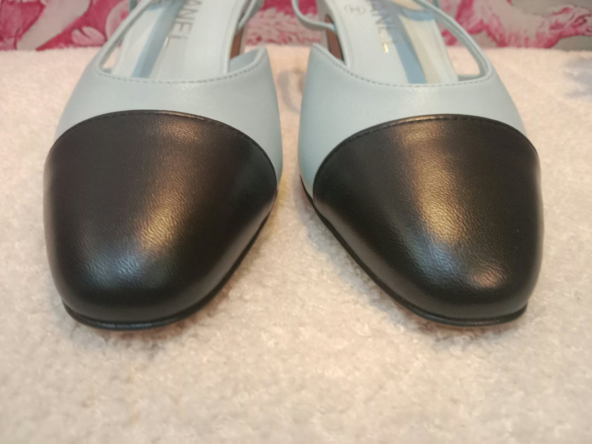 Chanel Cap-Toe Slingback Pumps Light Blue and Black Size 36.5