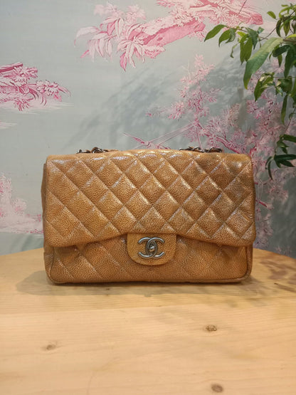 Chanel Quilted Classic Crumpled Patent Jumbo Single Flap Caramel Series 12