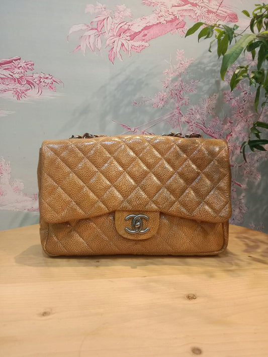 Chanel Quilted Classic Crumpled Patent Jumbo Single Flap Caramel Series 12